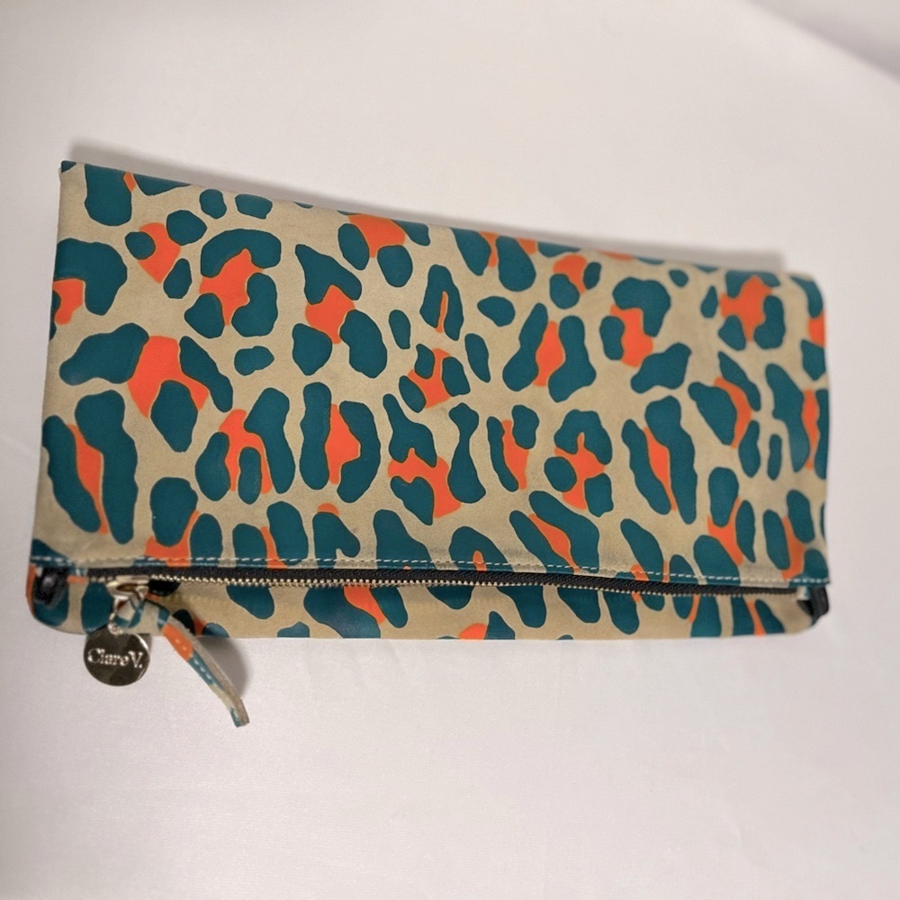 Clare V Neon Cat Foldover Clutch with tabs (Orange and Green)